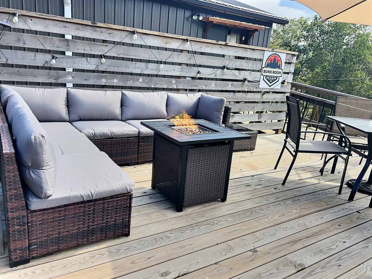 Bunkroom at Hogscald Deck Seating with Fire Pit