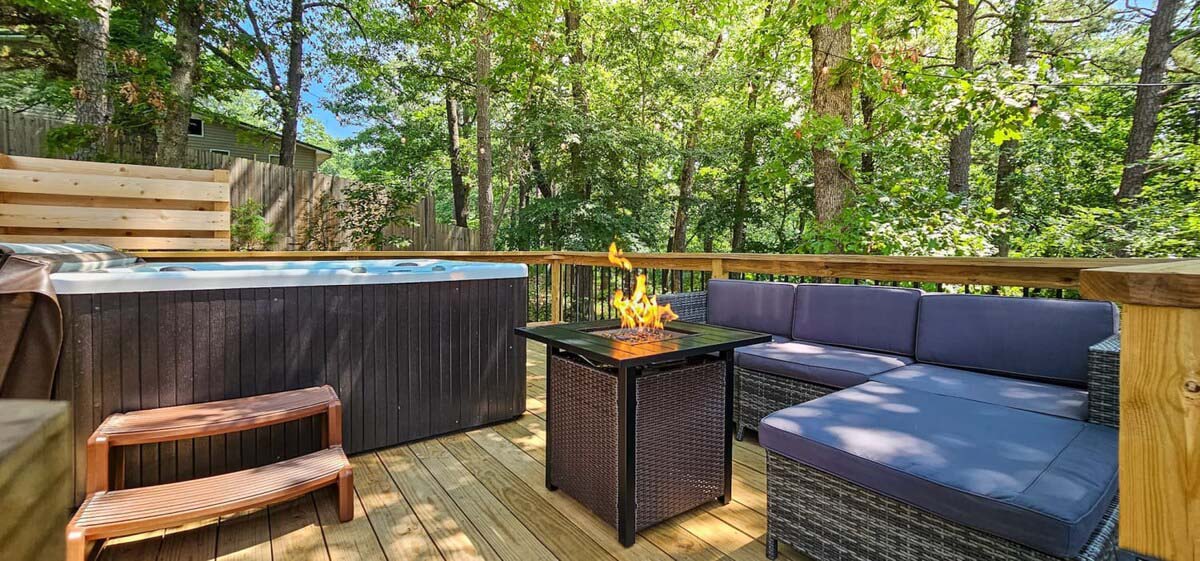 Hot Tub in the Woods Vacation Rental Deck Seating, Fire Pit & Hot Tub